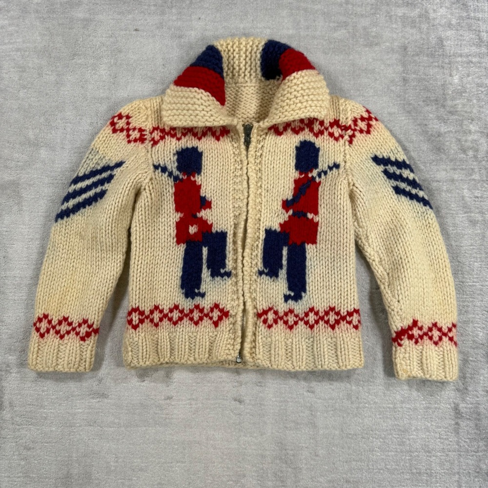 Vintage Cowichan Sweater Youth Small Cream 1950s Wool Knit British Royal Guard